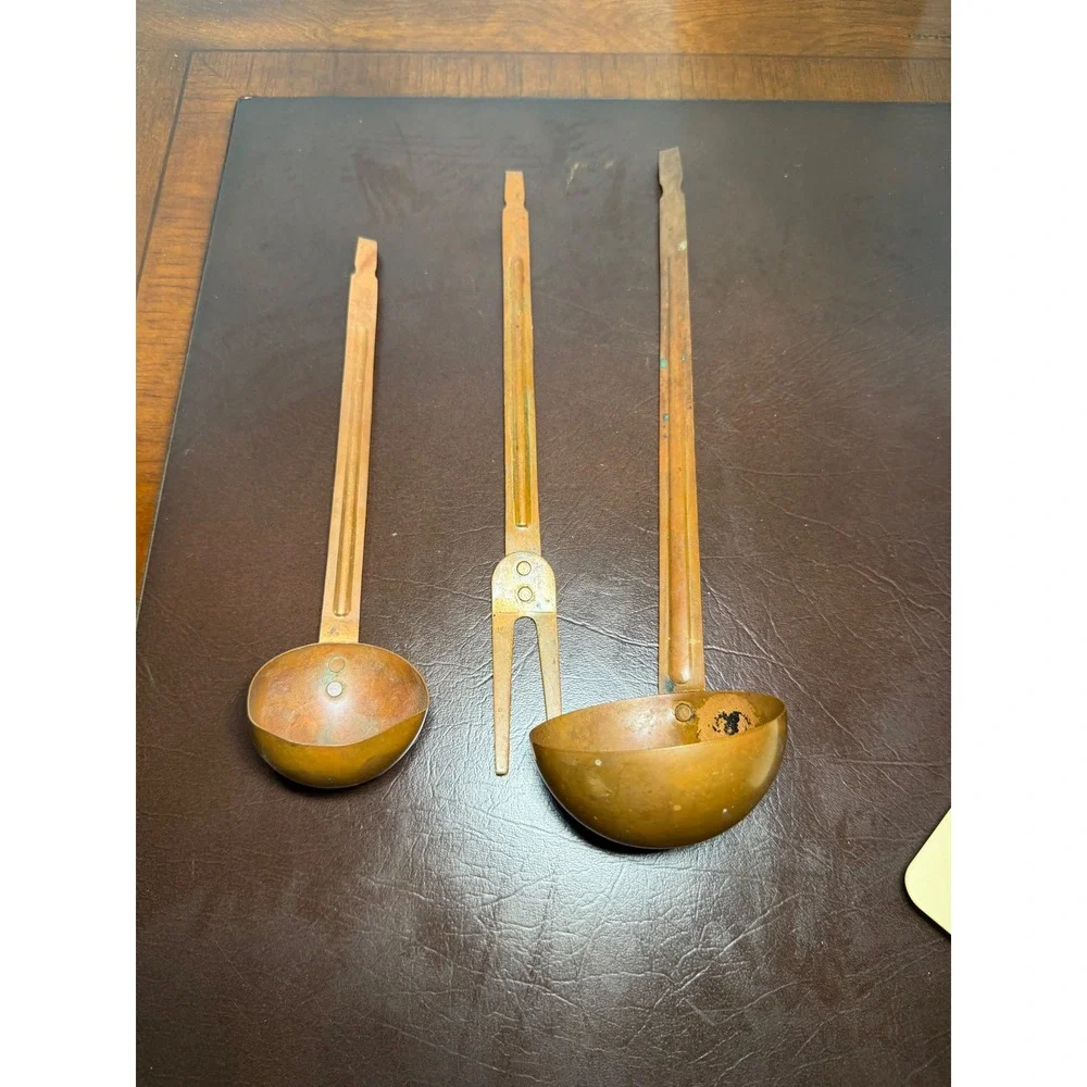 Vintage Copper Utensil Set 2 Ladles 1 Fork Rustic Farmhouse Primitive Decor 3pc